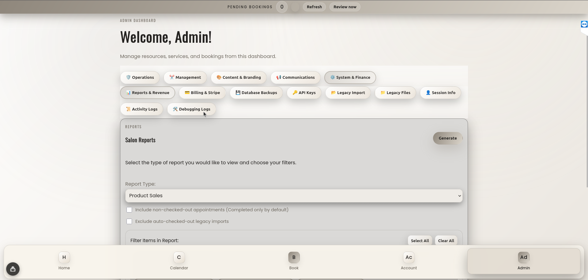 Admin dashboard